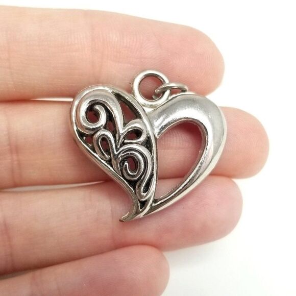 Vintage Heart Pendant Charm, Scroll Open Work Design, Silver Tone, Estate - Picture 1 of 6